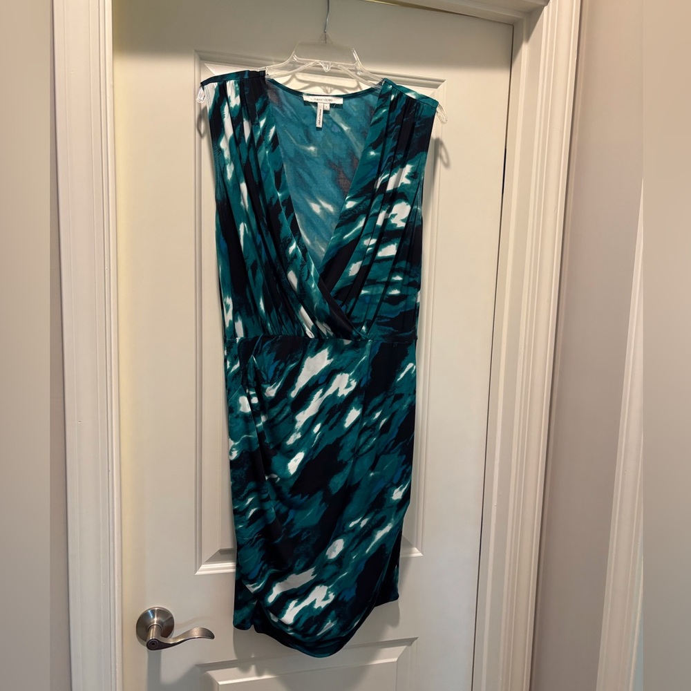 Max & Cleo Teal and White Faux-Wrap Midi Dress